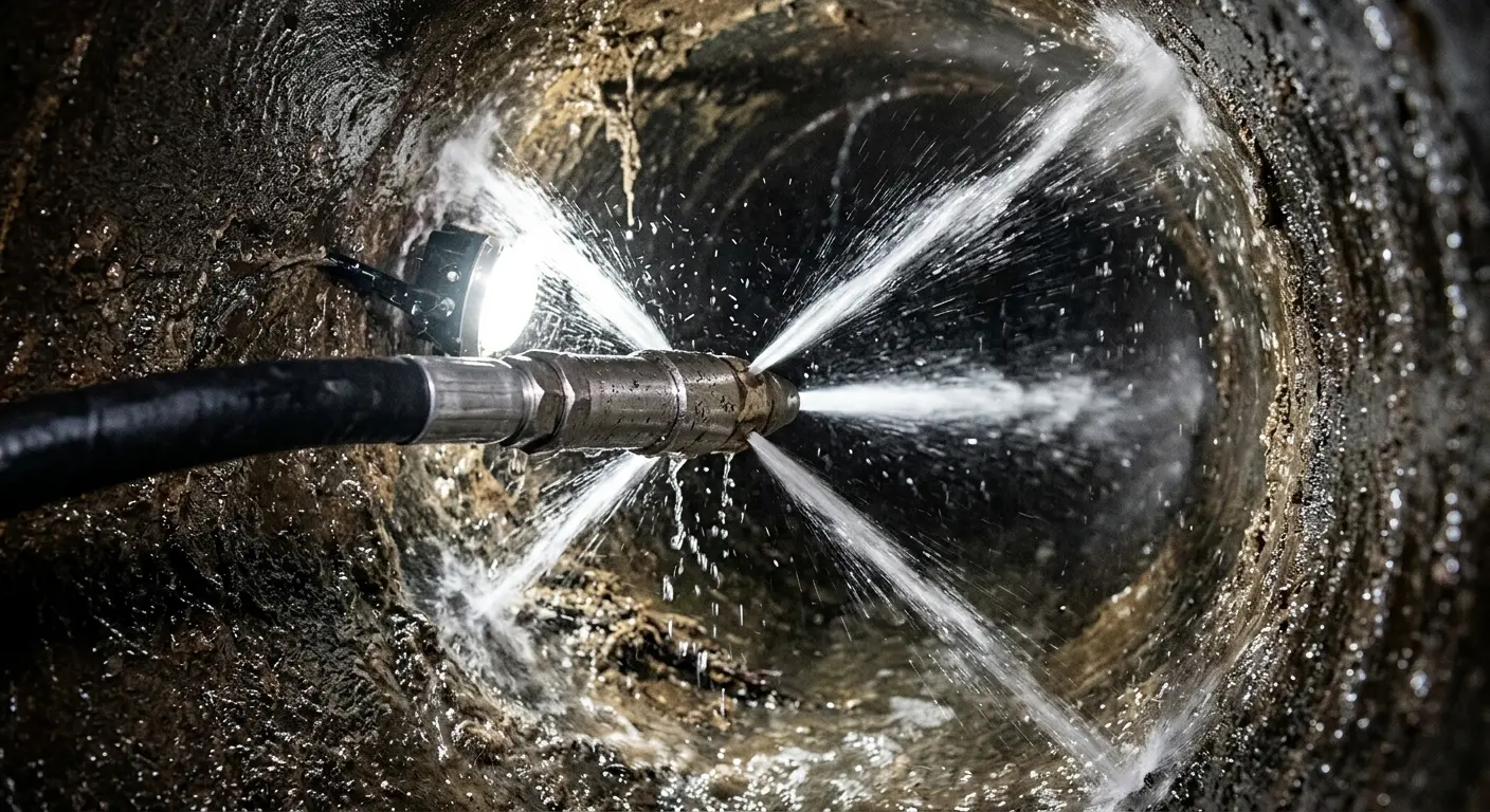 High-pressure hydro jetting nozzle cleaning sewer pipe for Trenchless Sewer Repair in Eagleton Village