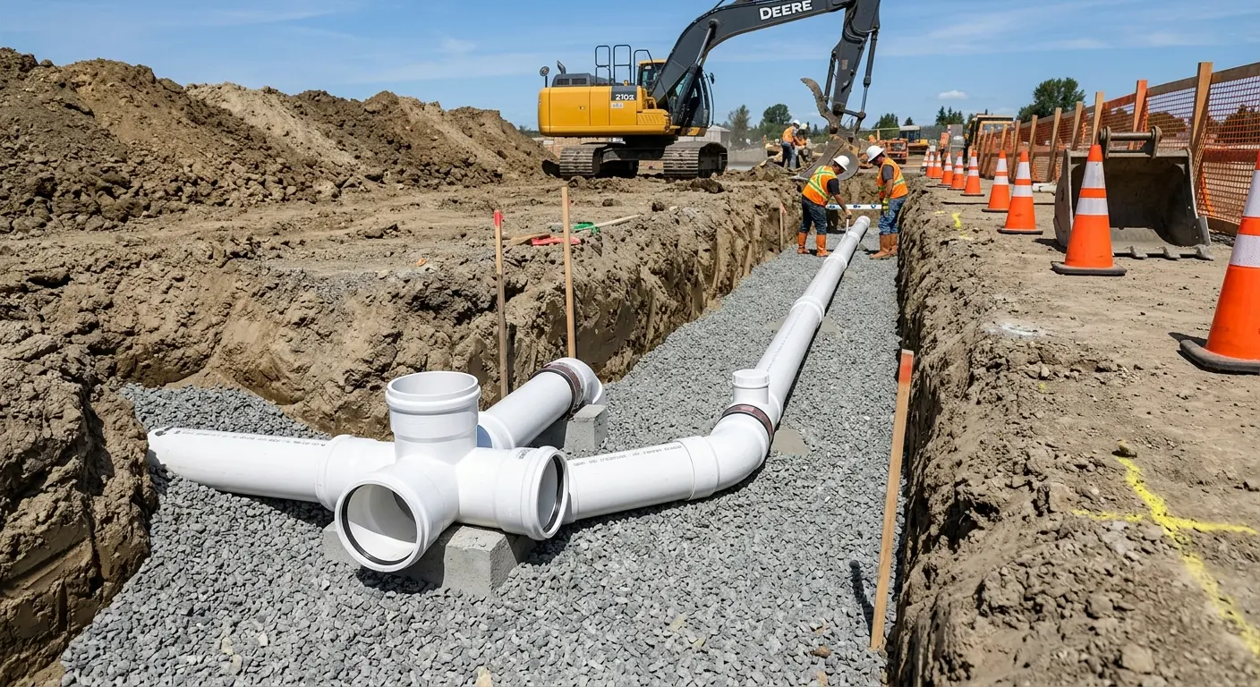 New PVC sewer pipe installation in open trench for Sewer Backup in Eagleton Village